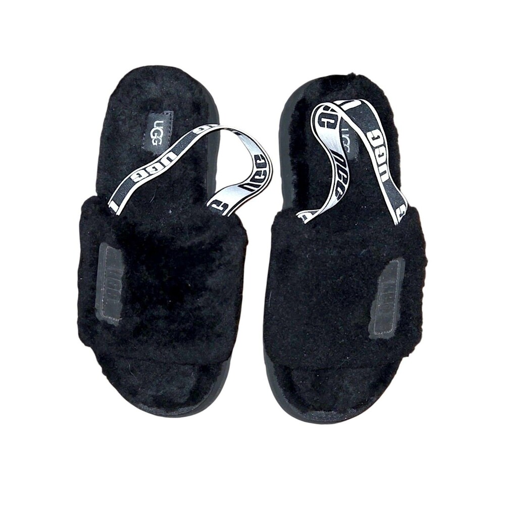 UGG Women's Black Platform Fluffy Slingback Slides Slippers Size 8 Fluff Yeah